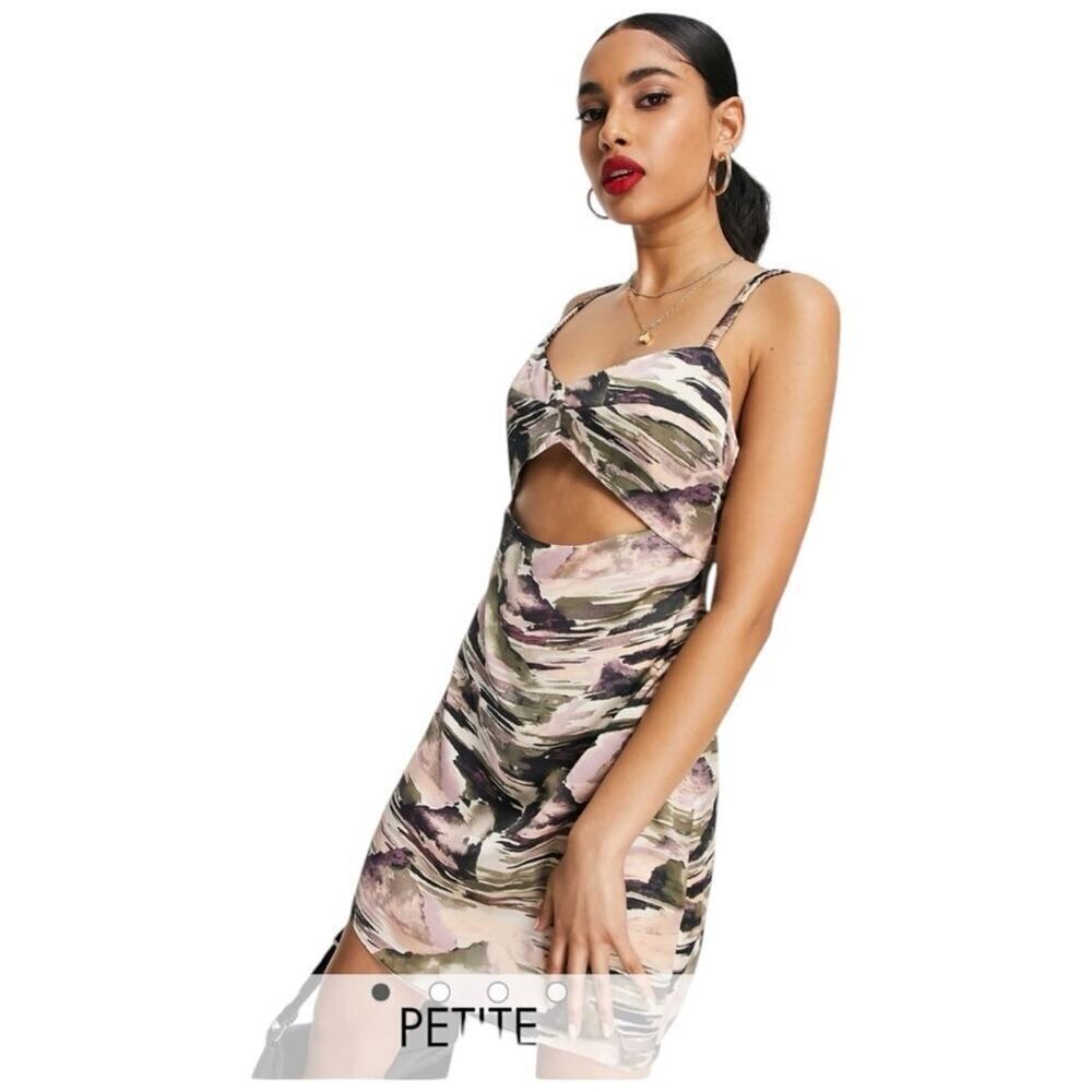 Topshop Petite Cutout Bodycon Mini Dress US 8 Pink Olive Abstract Print NWT